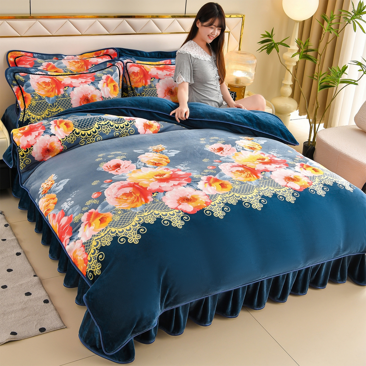 91家纺网 家纺一手货源 找家纺 （总）赫本 2025新品8斤爆品牛奶绒四件套床裙款金雕绒法莱绒四套件