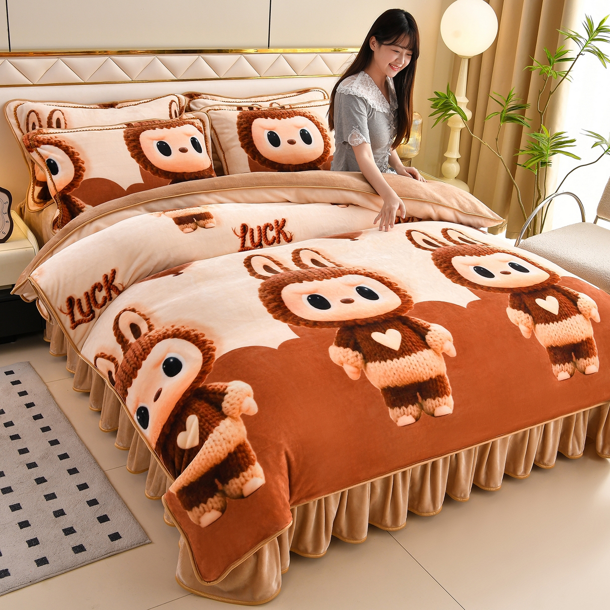 91家纺网 家纺一手货源 找家纺 （总）赫本 2025新品8斤爆品牛奶绒四件套床裙款金雕绒法莱绒四套件