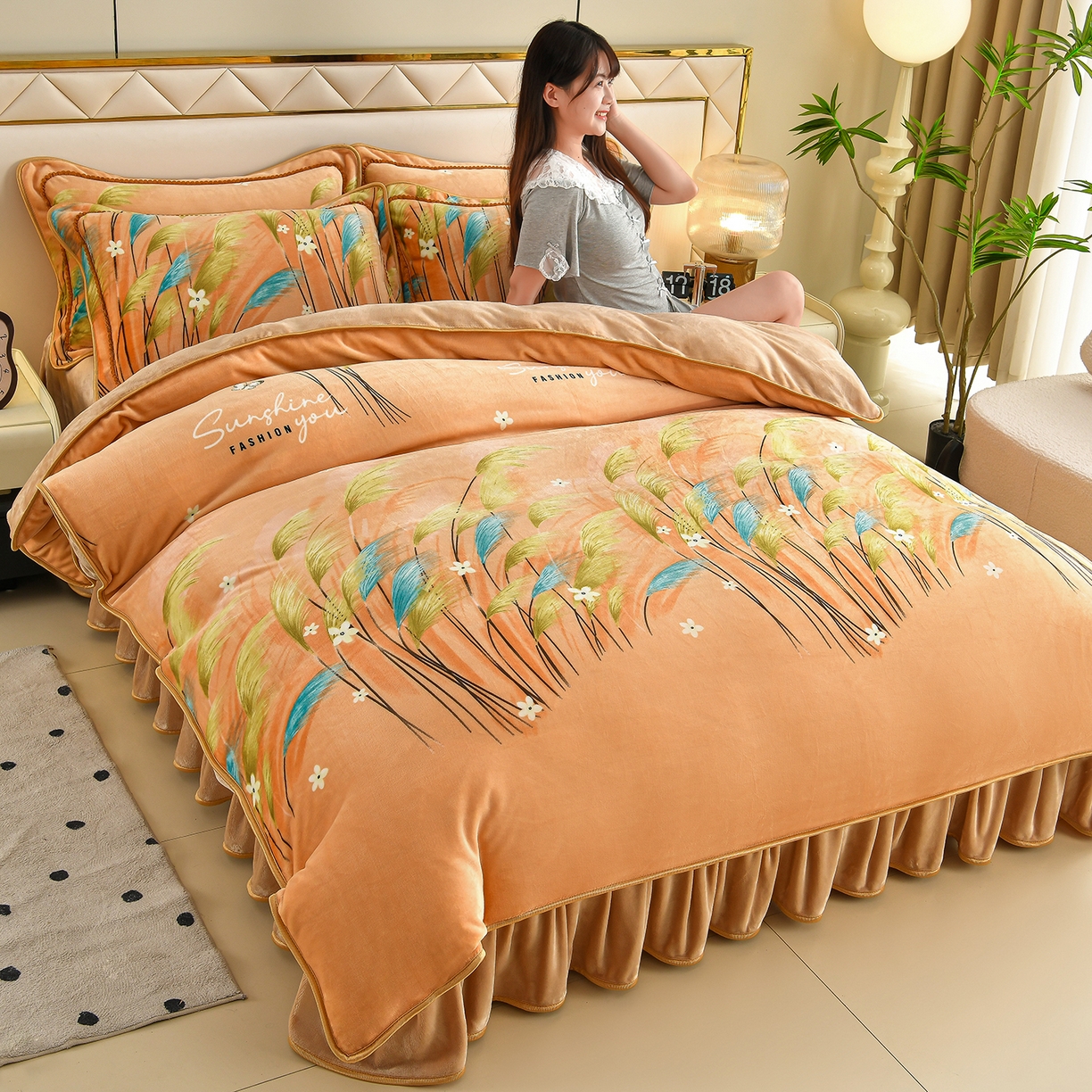 91家纺网 家纺一手货源 找家纺 （总）赫本 2025新品8斤爆品牛奶绒四件套床裙款金雕绒法莱绒四套件