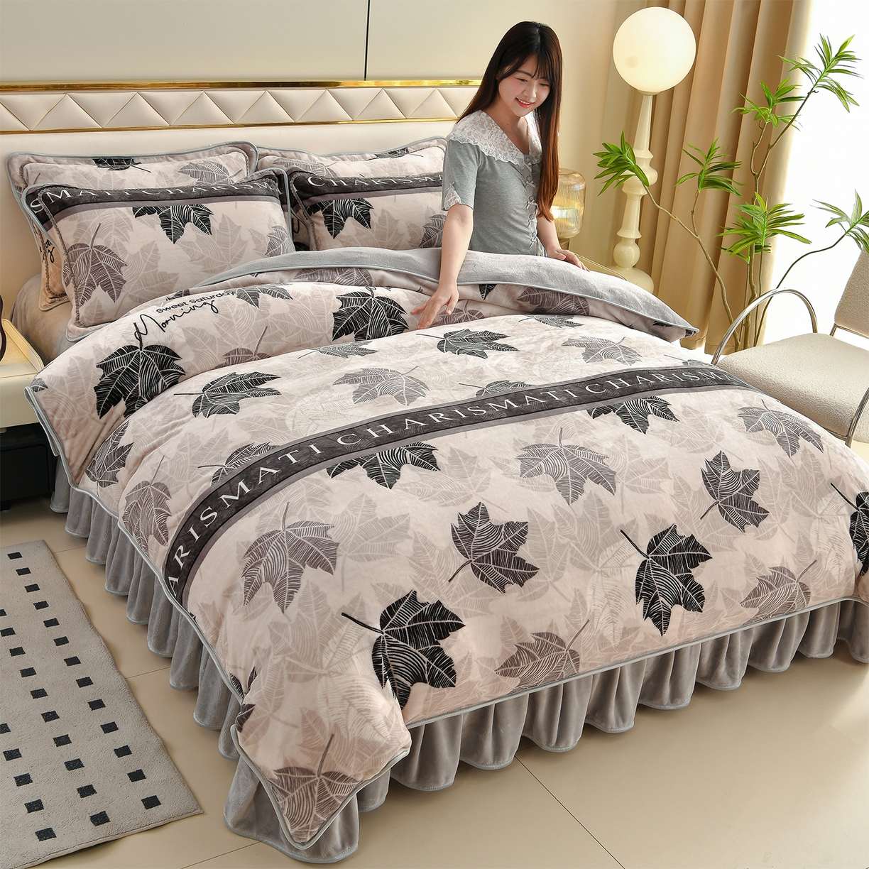 91家纺网 家纺一手货源 找家纺 （总）赫本 2025新品8斤爆品牛奶绒四件套床裙款金雕绒法莱绒四套件