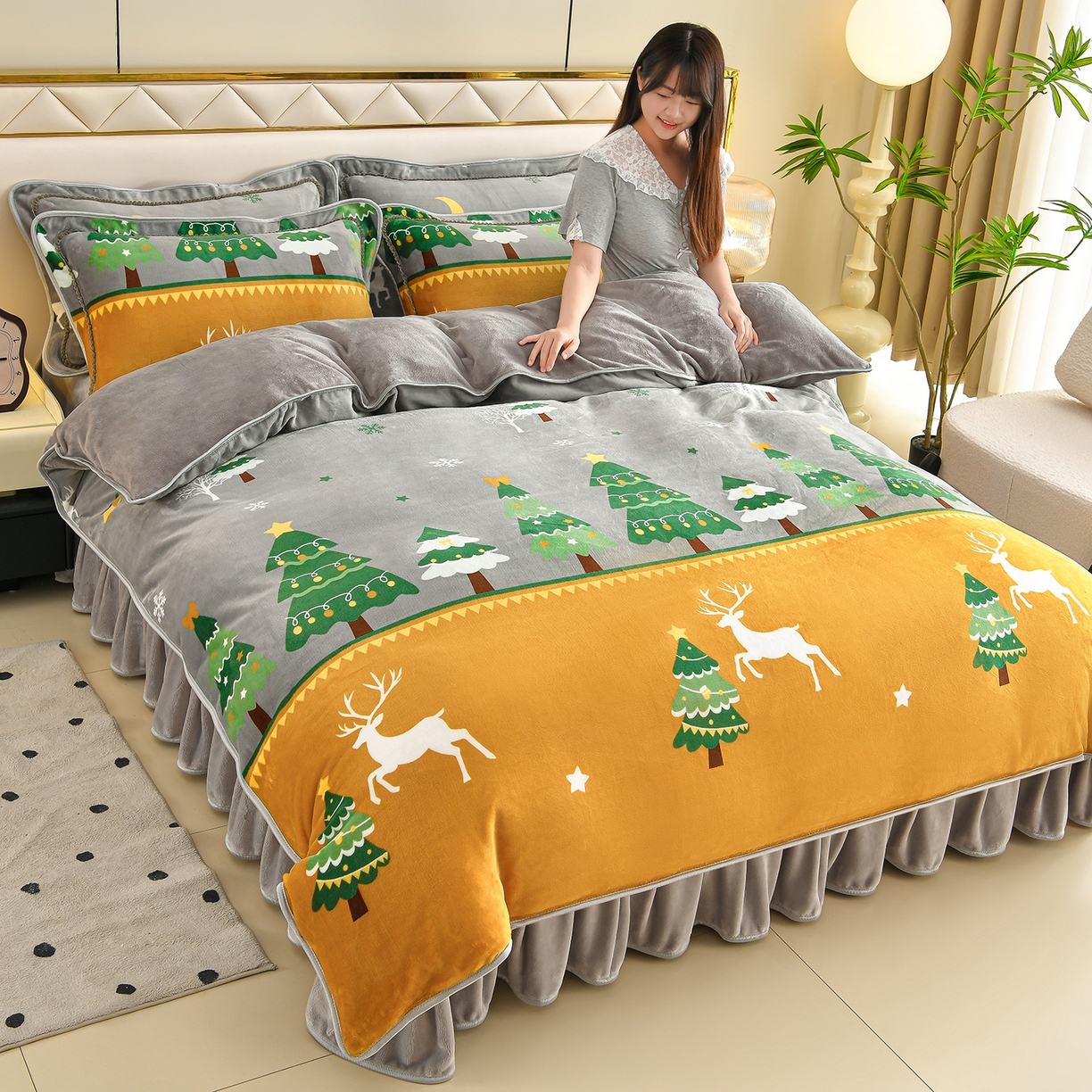 91家纺网 家纺一手货源 找家纺 （总）赫本 2025新品8斤爆品牛奶绒四件套床裙款金雕绒法莱绒四套件