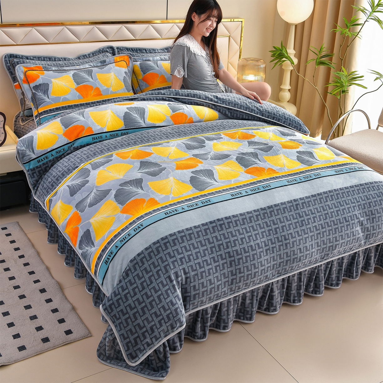 91家纺网 家纺一手货源 找家纺 （总）赫本 2025新品8斤爆品牛奶绒四件套床裙款金雕绒法莱绒四套件