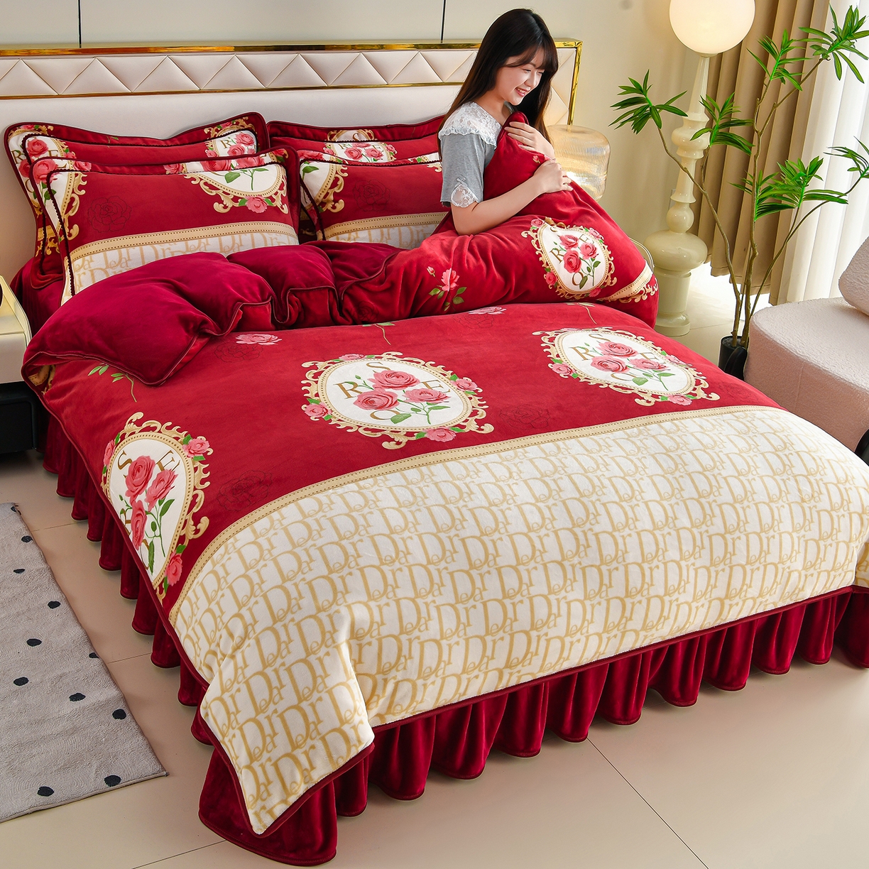 91家纺网 家纺一手货源 找家纺 （总）赫本 2025新品8斤爆品牛奶绒四件套床裙款金雕绒法莱绒四套件