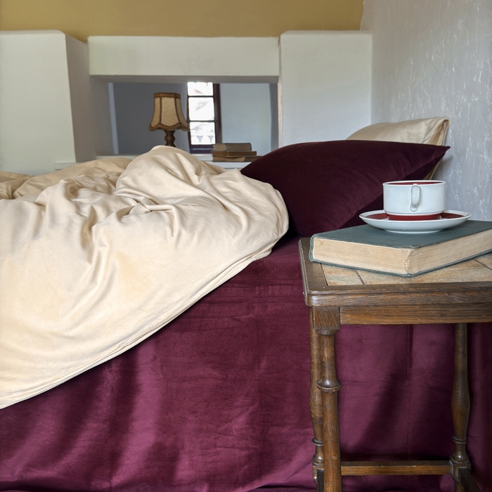 91家纺网 家纺一手货源 找家纺 例外 2025新款简约天鹅绒安可拉混搭四件套 奶茶+安可拉红