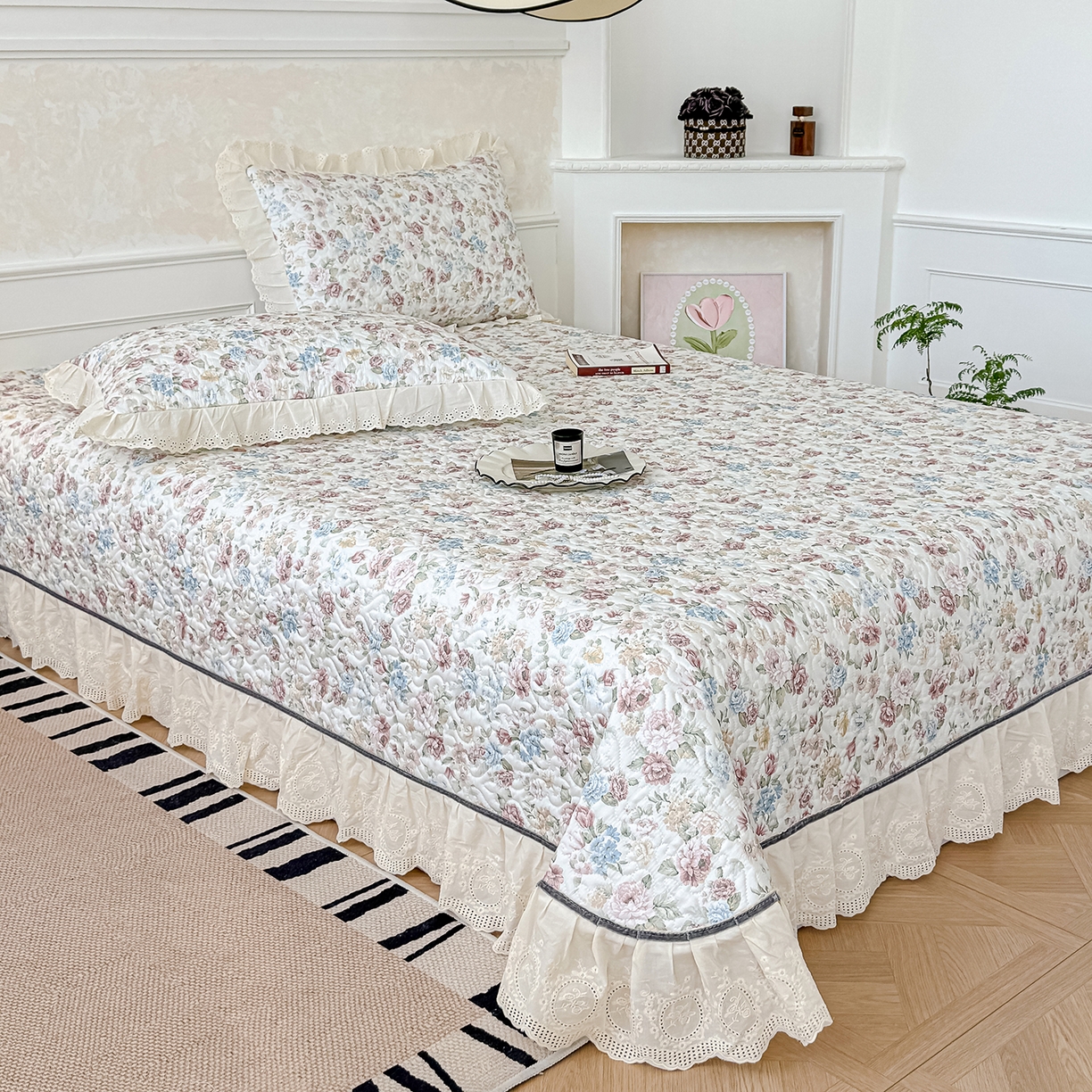 91家纺网 家纺一手货源 找家纺 冬然家纺 2025新款纯棉数码印花工艺款单床盖 田园花梦