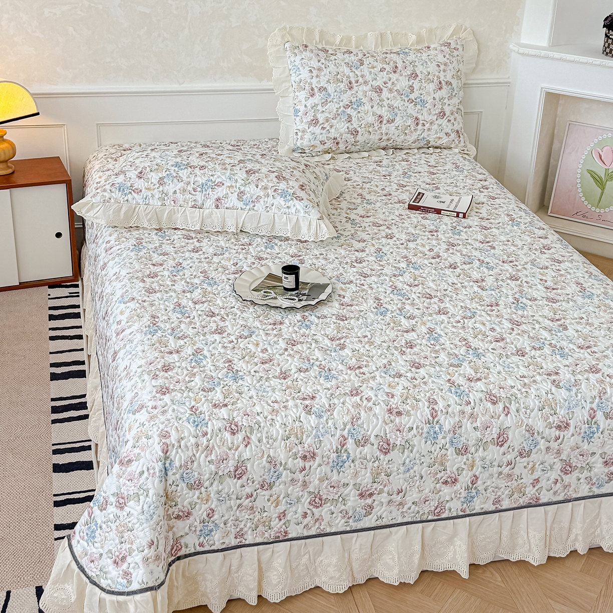 91家纺网 家纺一手货源 找家纺 冬然家纺 2025新款纯棉数码印花工艺款单床盖 田园花梦