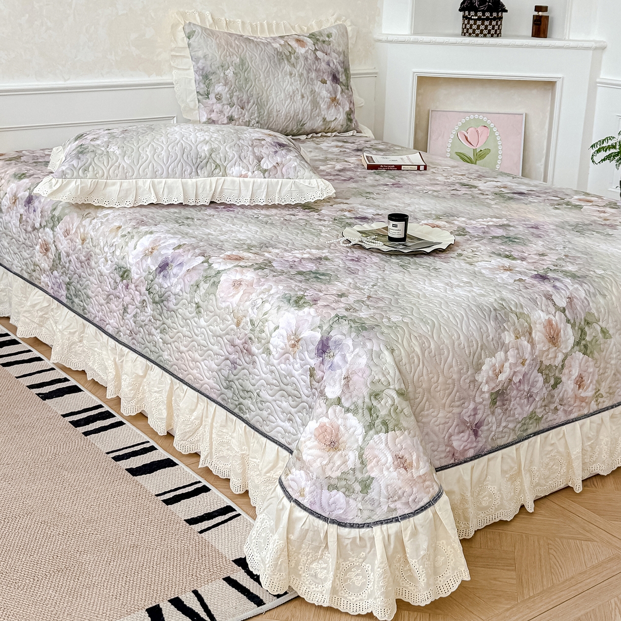 91家纺网 家纺一手货源 找家纺 冬然家纺 2025新款纯棉数码印花工艺款单床盖 珍爱花语