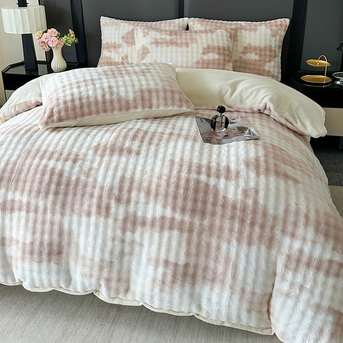 91家纺网 家纺一手货源 找家纺 许林家纺 2025新款炫彩水墨画仿兔毛绒大泡泡绒印大理石纹高克重绒四件套 奶白