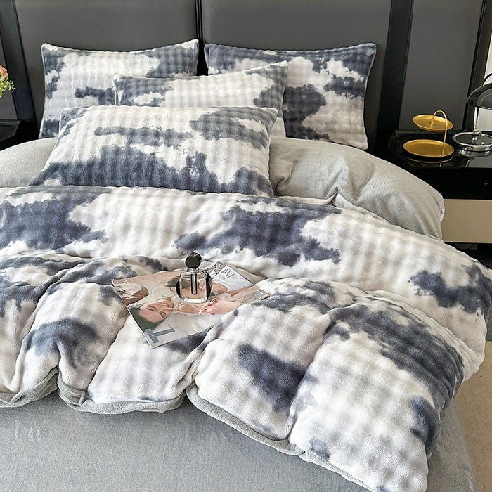 91家纺网 家纺一手货源 找家纺 许林家纺 2025新款炫彩水墨画仿兔毛绒大泡泡绒印大理石纹高克重绒四件套 石墨灰