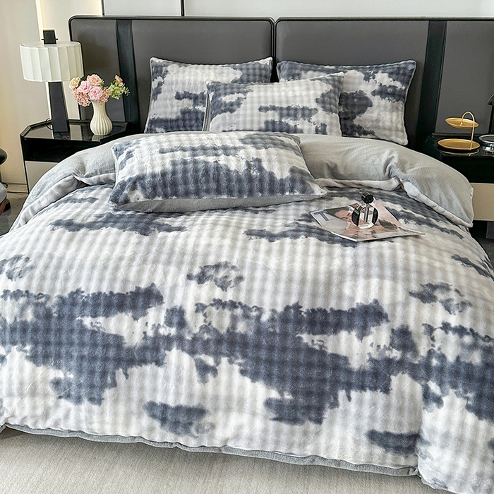 91家纺网 家纺一手货源 找家纺 许林家纺 2025新款炫彩水墨画仿兔毛绒大泡泡绒印大理石纹高克重绒四件套 石墨灰