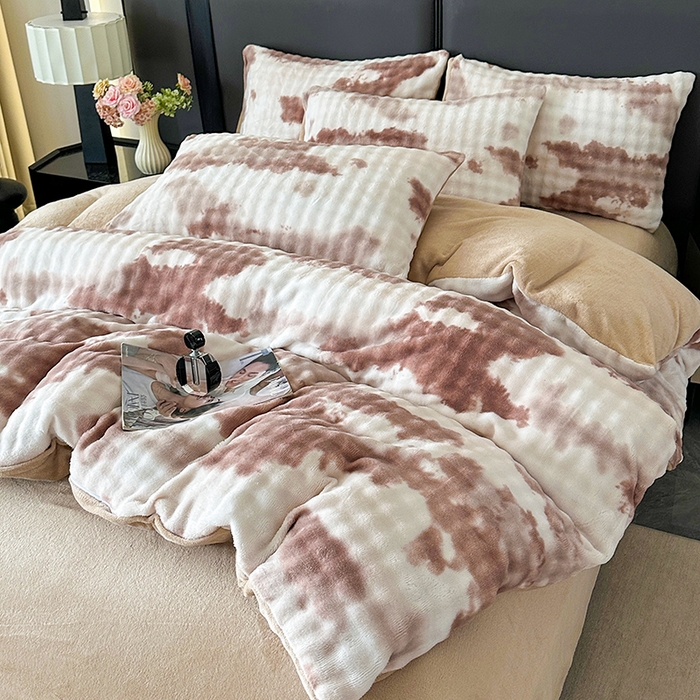 91家纺网 家纺一手货源 找家纺 许林家纺 2025新款炫彩水墨画仿兔毛绒大泡泡绒印大理石纹高克重绒四件套 炫彩咖