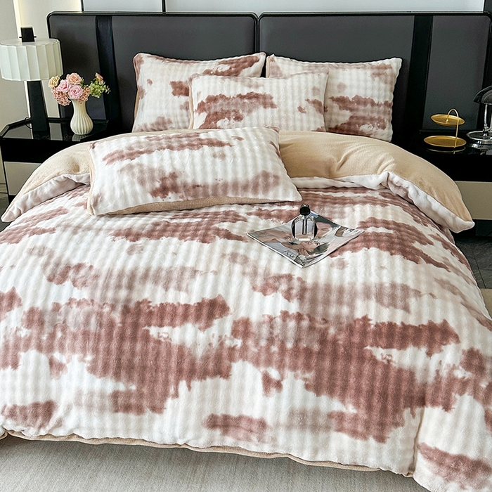 91家纺网 家纺一手货源 找家纺 许林家纺 2025新款炫彩水墨画仿兔毛绒大泡泡绒印大理石纹高克重绒四件套 炫彩咖