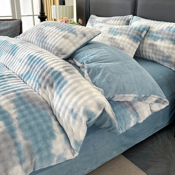许林家纺 2025新款炫彩水墨画仿兔毛绒大泡泡绒印大理石纹高克重绒四件套 炫彩蓝