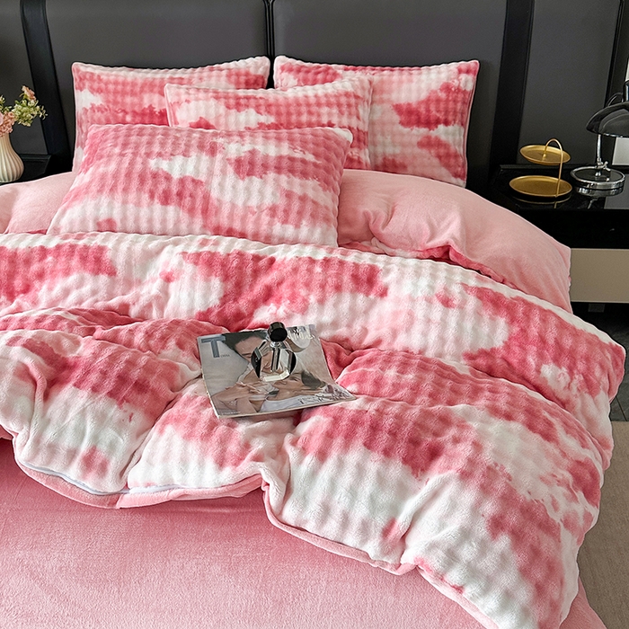 91家纺网 家纺一手货源 找家纺 许林家纺 2025新款炫彩水墨画仿兔毛绒大泡泡绒印大理石纹高克重绒四件套 优雅粉