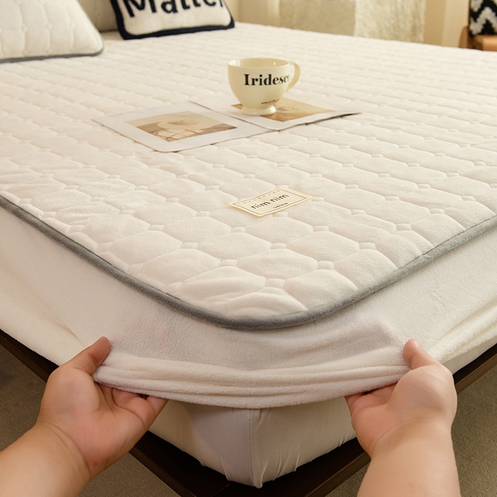 眠博士 2025新款纯色简约牛奶绒夹棉床褥床笠系列-大床 牛奶绒夹棉床笠-奶白