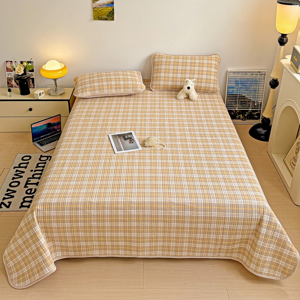 91家纺网 家纺一手货源 找家纺 （总）宜派家纺 2025新款无印风全棉色织水洗棉加厚婴儿绒床盖单件格纹简约夹棉炕盖床盖三件套