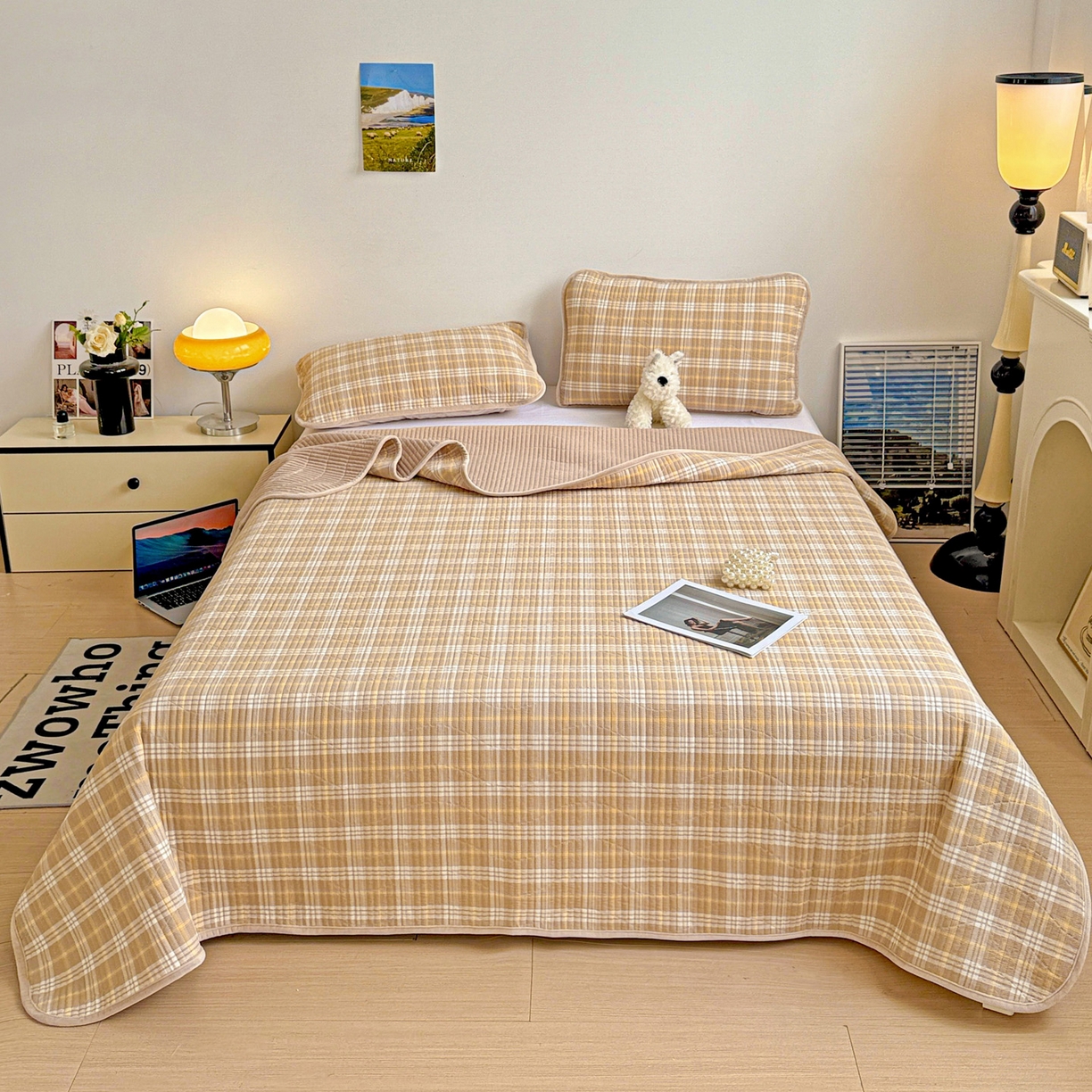 91家纺网 家纺一手货源 找家纺 宜派家纺 2025新款无印风全棉色织水洗棉加厚婴儿绒床盖单件格纹简约夹棉炕盖床盖三件套 香槟咖