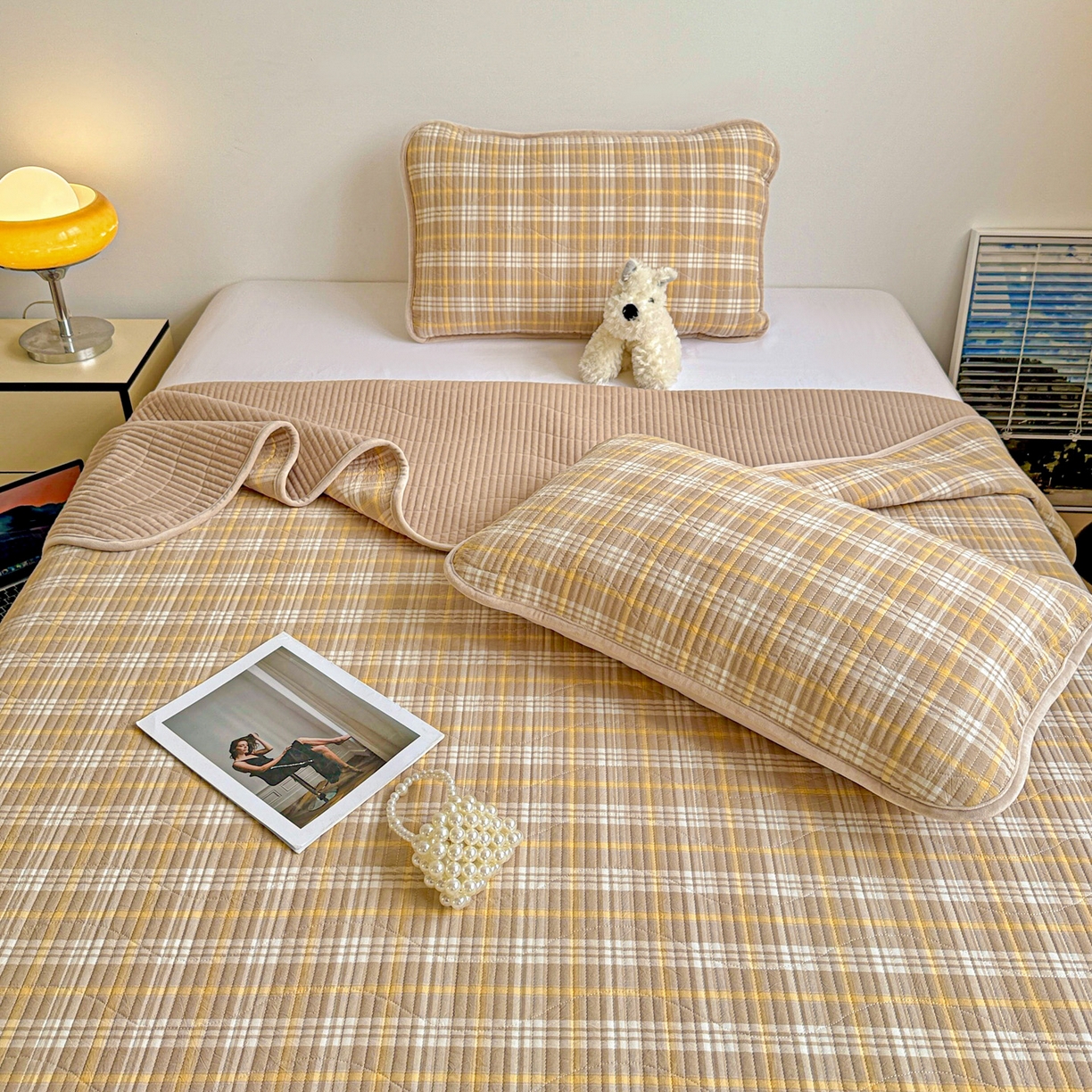 91家纺网 家纺一手货源 找家纺 宜派家纺 2025新款无印风全棉色织水洗棉加厚婴儿绒床盖单件格纹简约夹棉炕盖床盖三件套 香槟咖