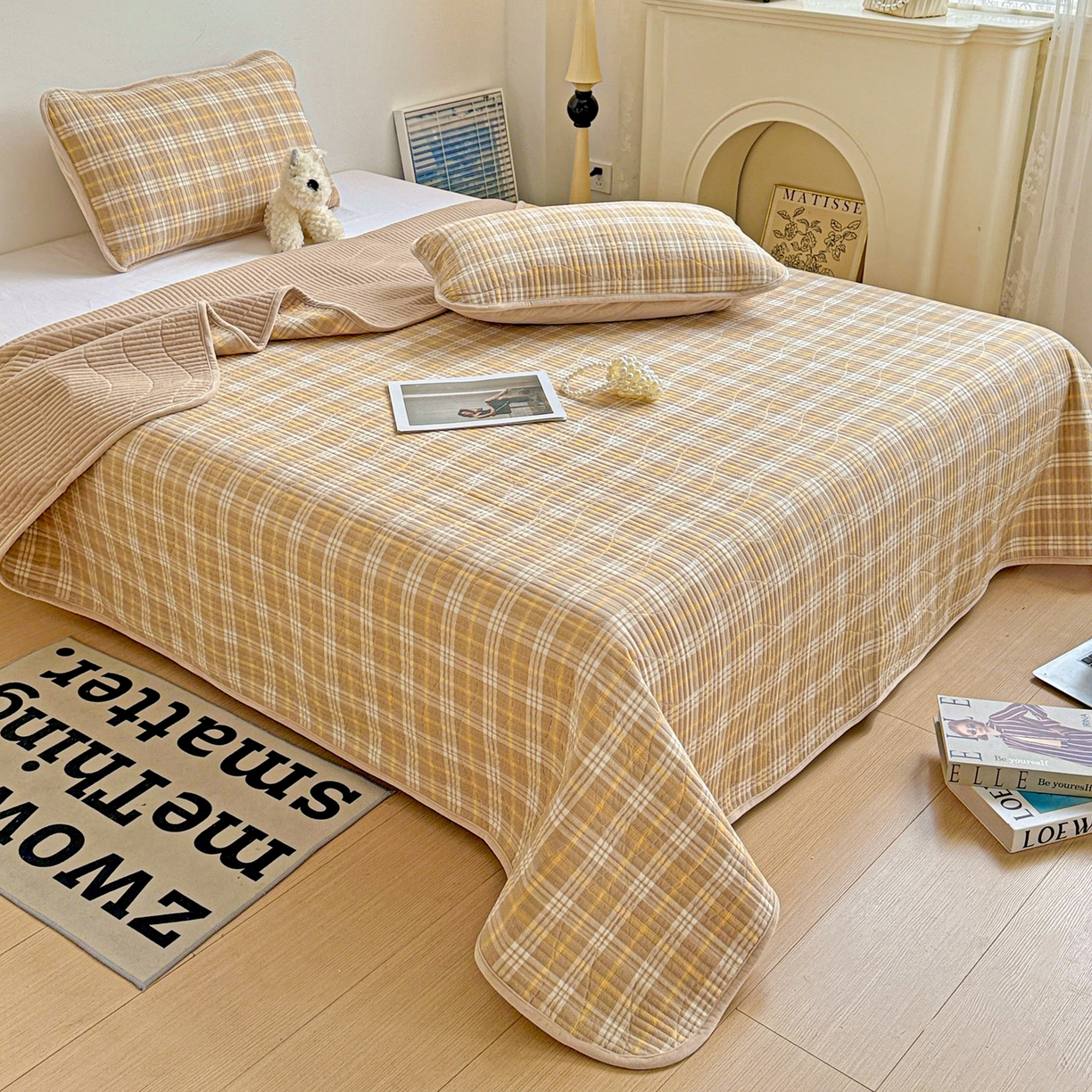 91家纺网 家纺一手货源 找家纺 宜派家纺 2025新款无印风全棉色织水洗棉加厚婴儿绒床盖单件格纹简约夹棉炕盖床盖三件套 香槟咖