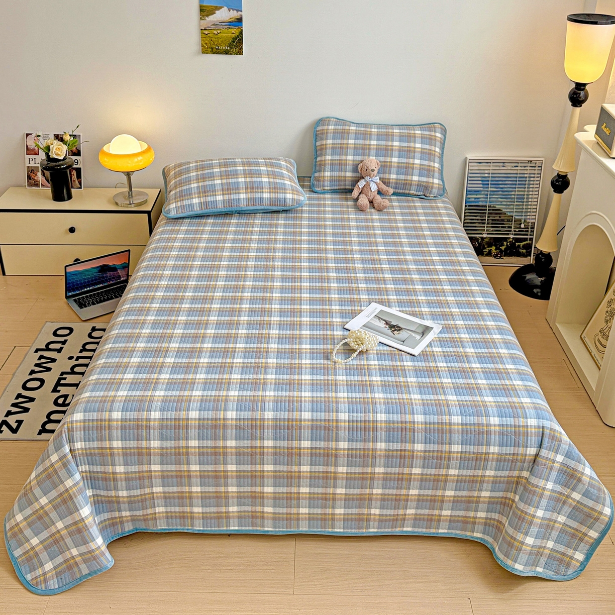 91家纺网 家纺一手货源 找家纺 宜派家纺 2025新款无印风全棉色织水洗棉加厚婴儿绒床盖单件格纹简约夹棉炕盖床盖三件套 格调兰