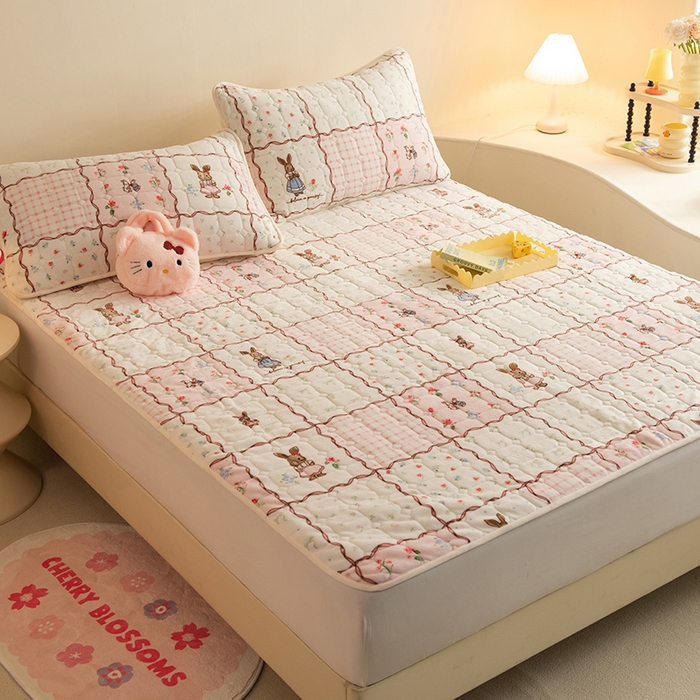 91家纺网 家纺一手货源 找家纺 眠博士 2025新款纯色简约牛奶绒夹棉床褥床笠系列-大床 牛奶绒夹棉床褥-方格兔