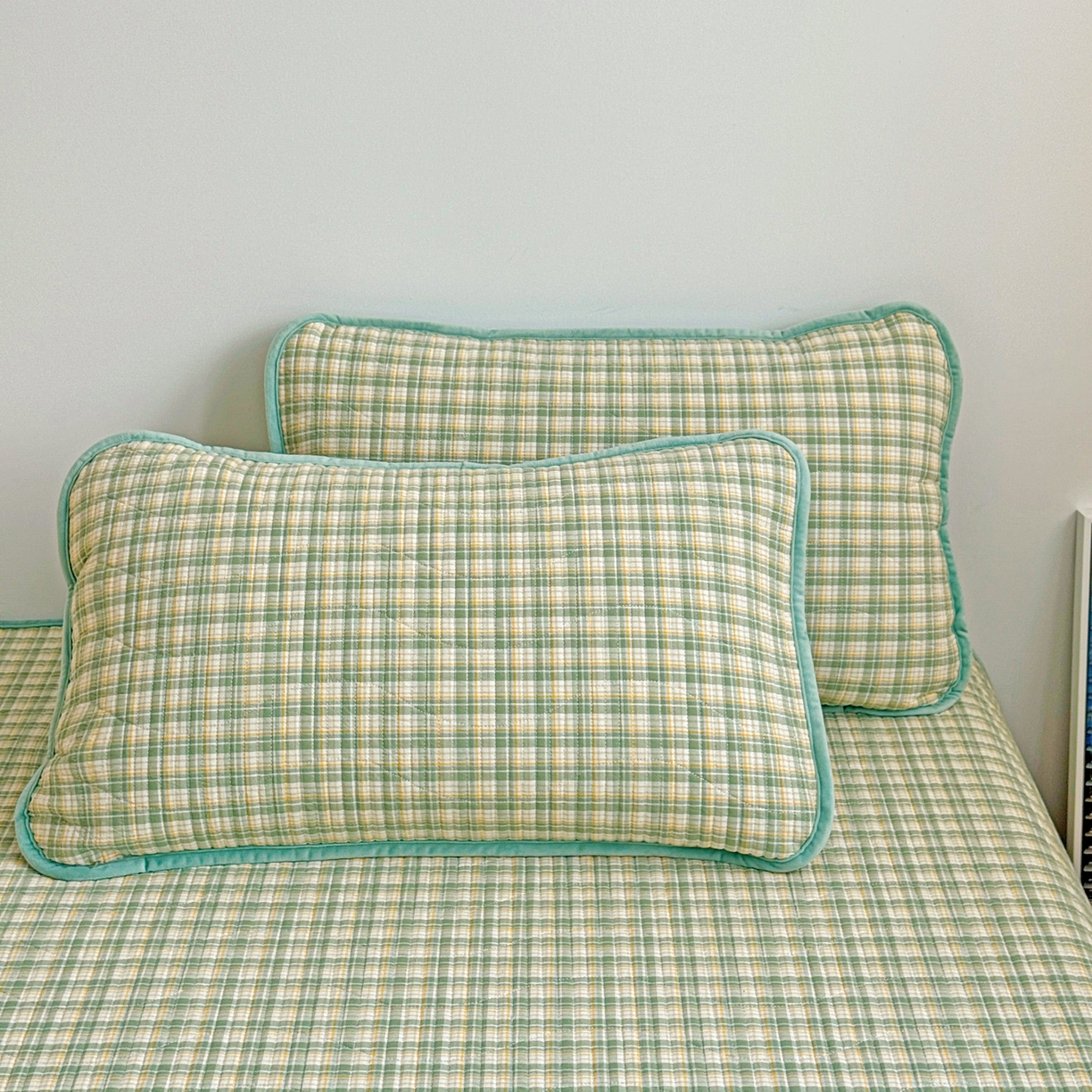 91家纺网 家纺一手货源 找家纺 宜派家纺 2025新款无印风全棉色织水洗棉加厚婴儿绒床盖单件格纹简约夹棉炕盖床盖三件套 青柠绿