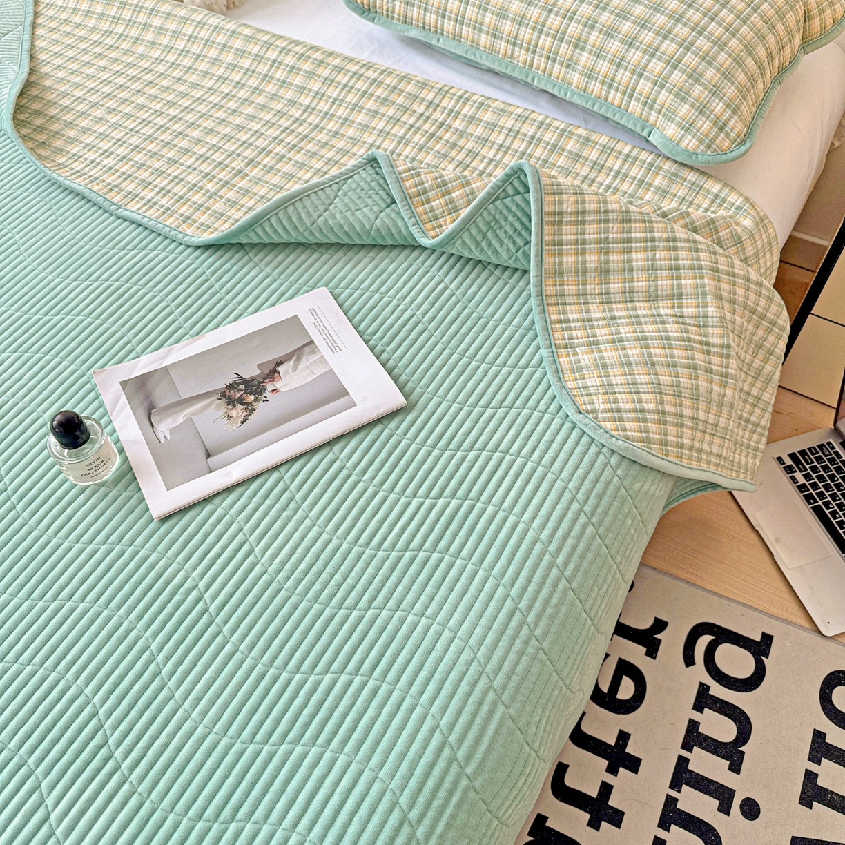 91家纺网 家纺一手货源 找家纺 宜派家纺 2025新款无印风全棉色织水洗棉加厚婴儿绒床盖单件格纹简约夹棉炕盖床盖三件套 青柠绿