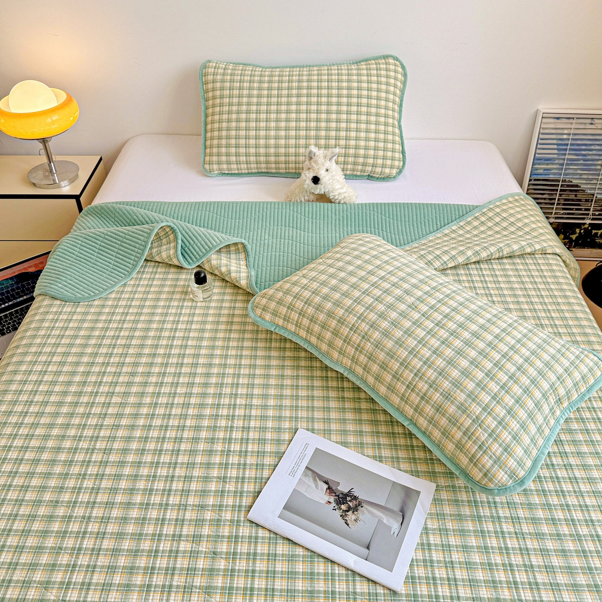 91家纺网 家纺一手货源 找家纺 宜派家纺 2025新款无印风全棉色织水洗棉加厚婴儿绒床盖单件格纹简约夹棉炕盖床盖三件套 青柠绿