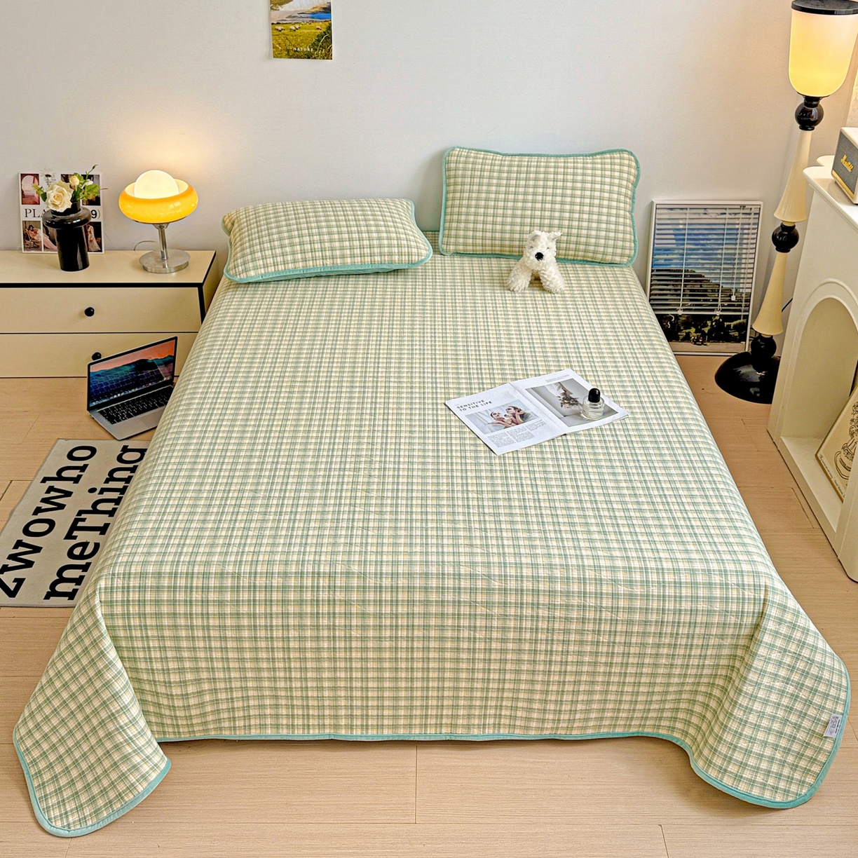 91家纺网 家纺一手货源 找家纺 宜派家纺 2025新款无印风全棉色织水洗棉加厚婴儿绒床盖单件格纹简约夹棉炕盖床盖三件套 青柠绿