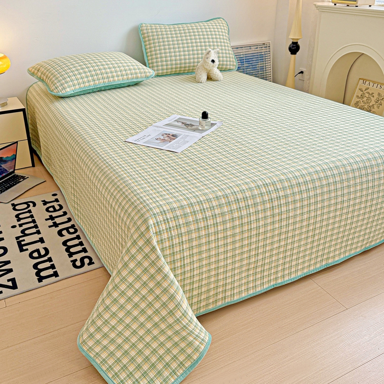 91家纺网 家纺一手货源 找家纺 宜派家纺 2025新款无印风全棉色织水洗棉加厚婴儿绒床盖单件格纹简约夹棉炕盖床盖三件套 青柠绿