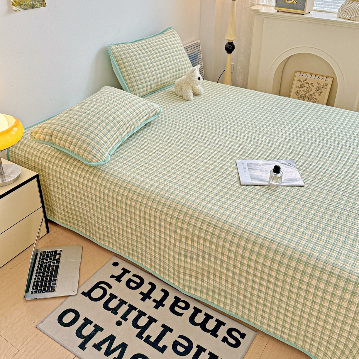 91家纺网 家纺一手货源 找家纺 宜派家纺 2025新款无印风全棉色织水洗棉加厚婴儿绒床盖单件格纹简约夹棉炕盖床盖三件套 青柠绿