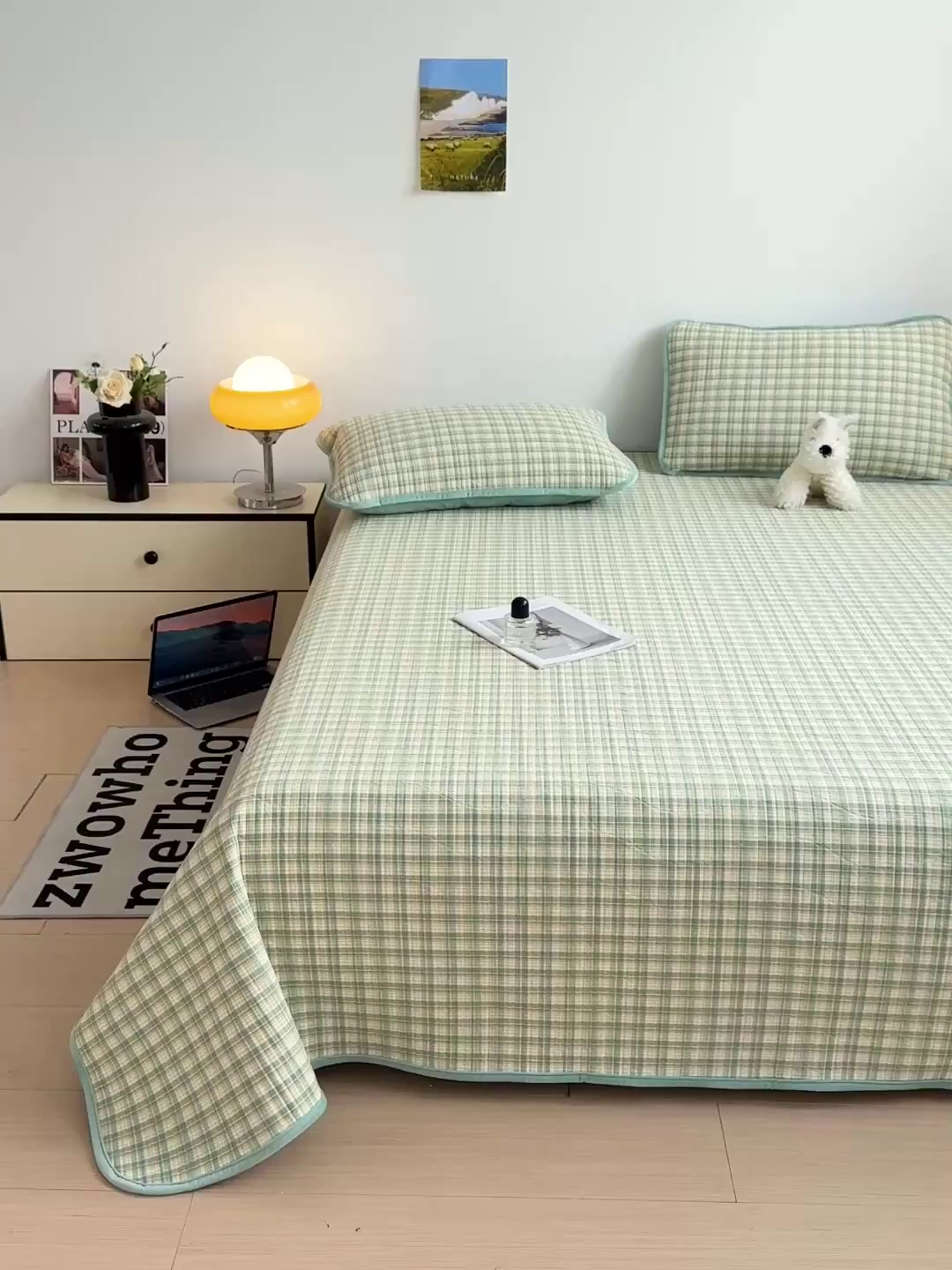 91家纺网 家纺一手货源 找家纺 宜派家纺 2025新款无印风全棉色织水洗棉加厚婴儿绒床盖单件格纹简约夹棉炕盖床盖三件套 青柠绿