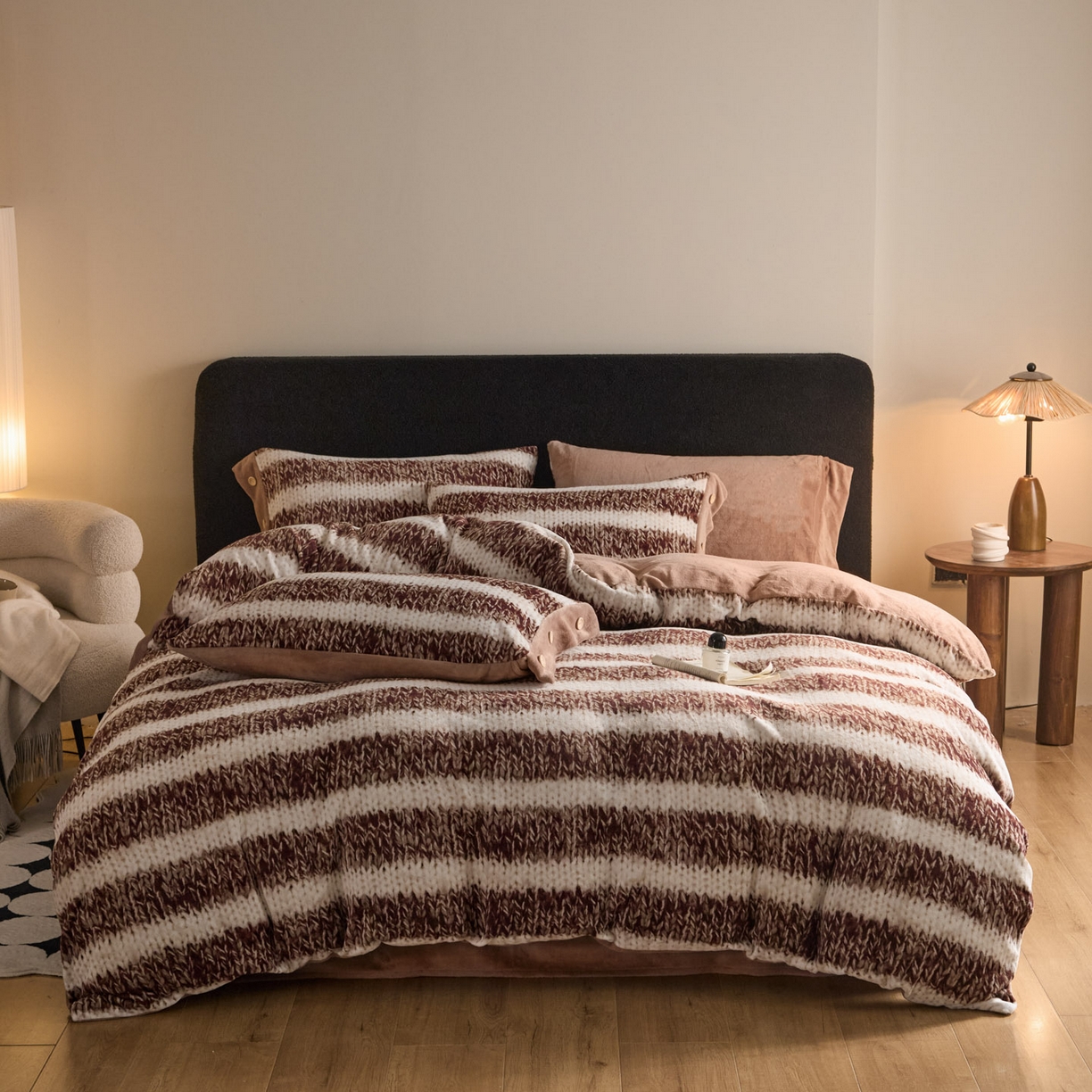 91家纺网 家纺一手货源 找家纺 吾诺家居 吾诺 2025新款纽扣款牛奶绒四件套美丽绒四件套数码四件套 毛衣棕