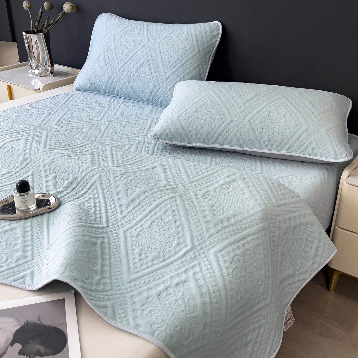 91家纺网 家纺一手货源 找家纺 （总）宜派家纺 2025新款A类柔感彩绒棉夹棉床护垫-菱影蔓花