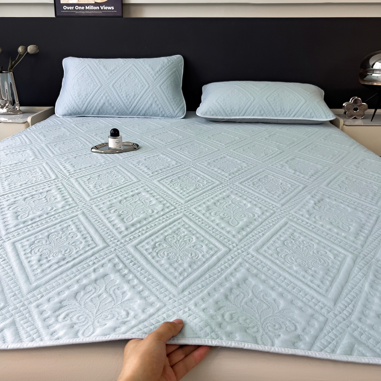 91家纺网 家纺一手货源 找家纺 （总）宜派家纺 2025新款A类柔感彩绒棉夹棉床护垫-菱影蔓花