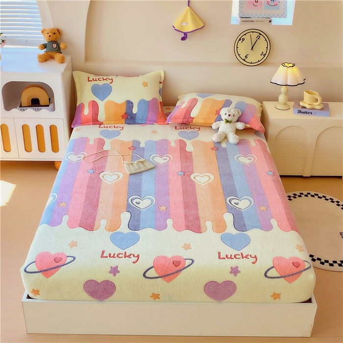 91家纺网 家纺一手货源 找家纺 梦尚舒 2025新款180克雪花绒床笠单品床笠床笠单件 彩虹爱心