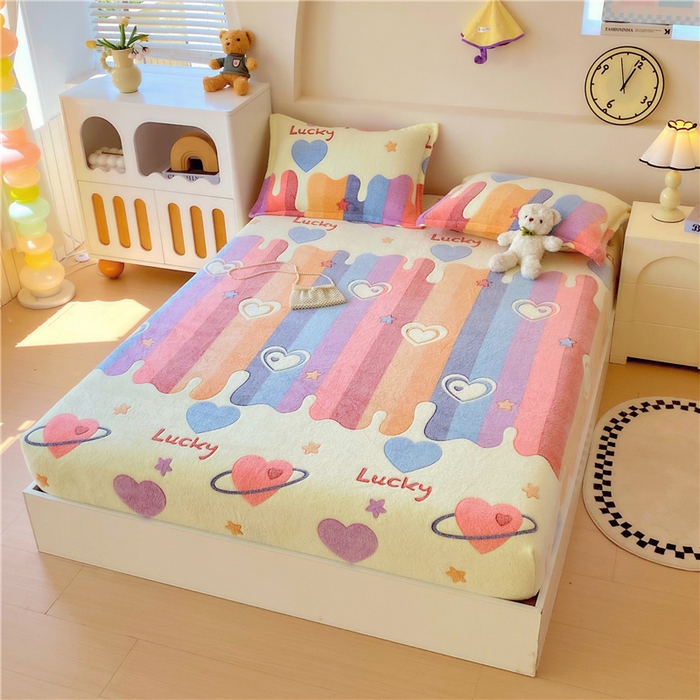 91家纺网 家纺一手货源 找家纺 梦尚舒 2025新款180克雪花绒床笠单品床笠床笠单件 彩虹爱心