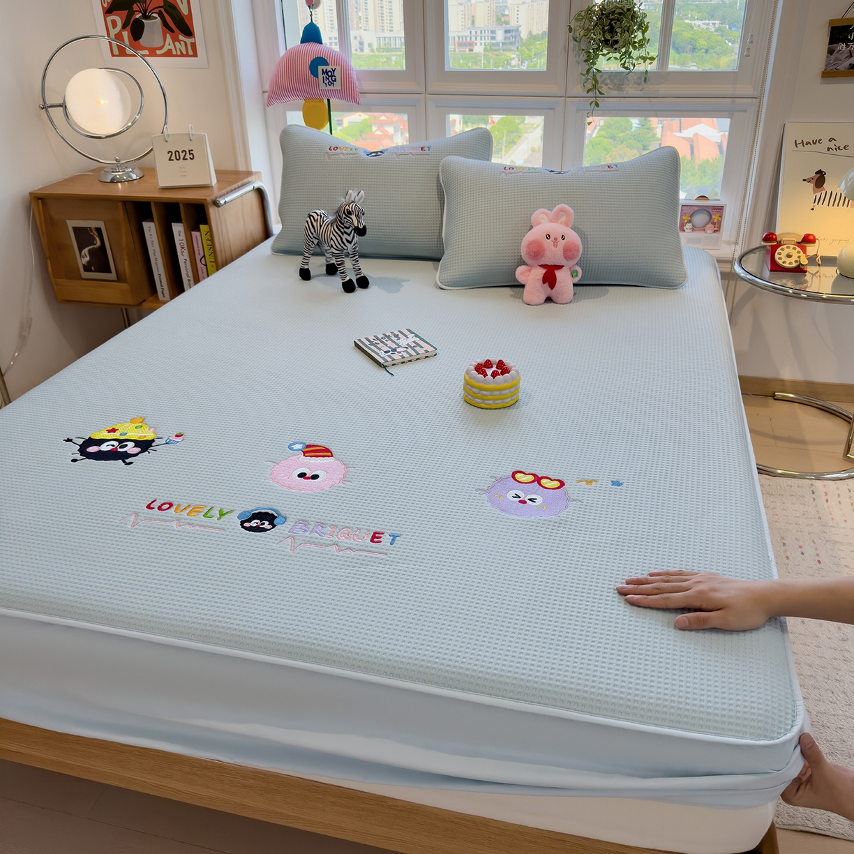 宜派家纺 2025新款华夫格夹棉刺绣床笠单品卡通可爱学生宿舍单品单床笠床罩 萌趣天地-蓝絮笺