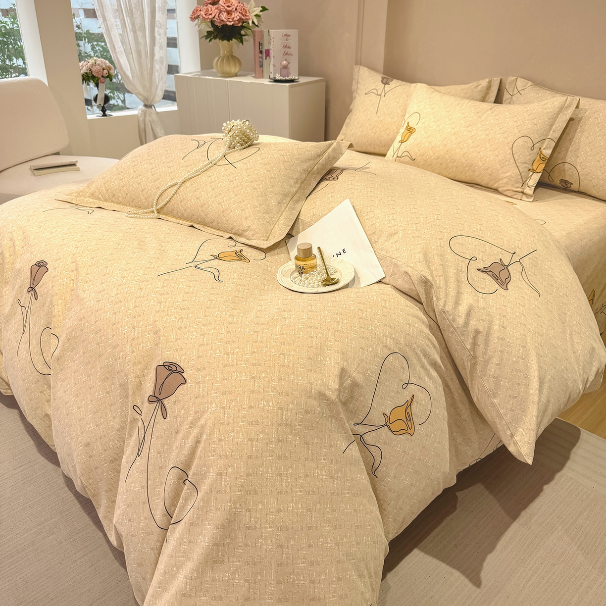 91家纺网 家纺一手货源 找家纺 壹贝家纺 2025新款A类100%全棉加厚磨毛四件套系列 小香玉-咖