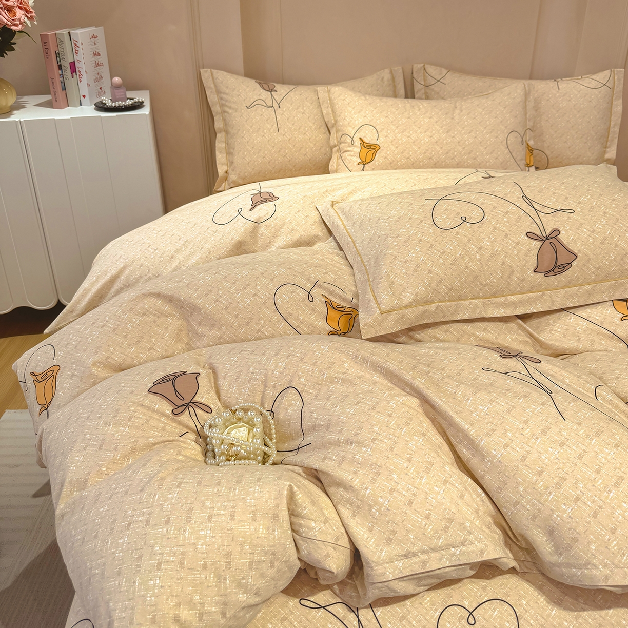 91家纺网 家纺一手货源 找家纺 壹贝家纺 2025新款A类100%全棉加厚磨毛四件套系列 小香玉-咖