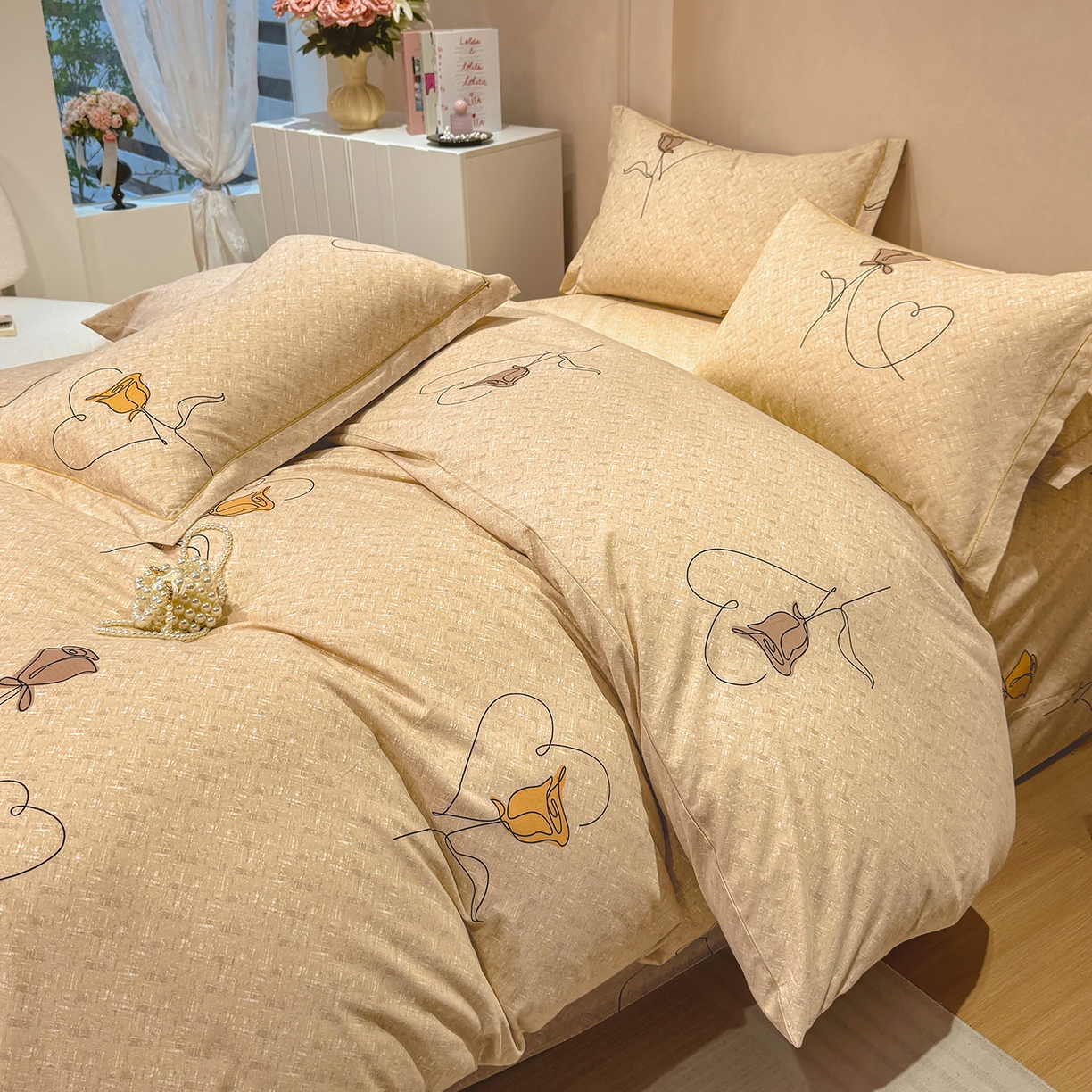 91家纺网 家纺一手货源 找家纺 壹贝家纺 2025新款A类100%全棉加厚磨毛四件套系列 小香玉-咖