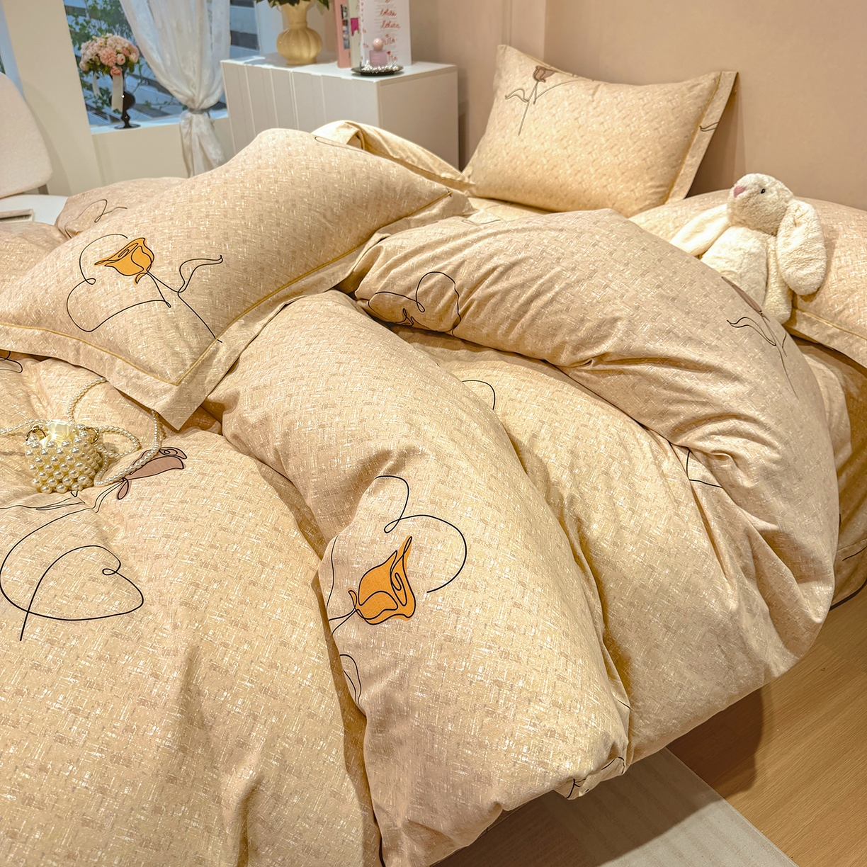 91家纺网 家纺一手货源 找家纺 壹贝家纺 2025新款A类100%全棉加厚磨毛四件套系列 小香玉-咖