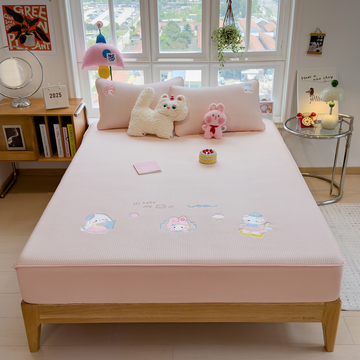 91家纺网 家纺一手货源 找家纺 宜派家纺 2025新款华夫格夹棉刺绣床笠单品卡通可爱学生宿舍单品单床笠床罩 萌兔蒂-樱雾粉