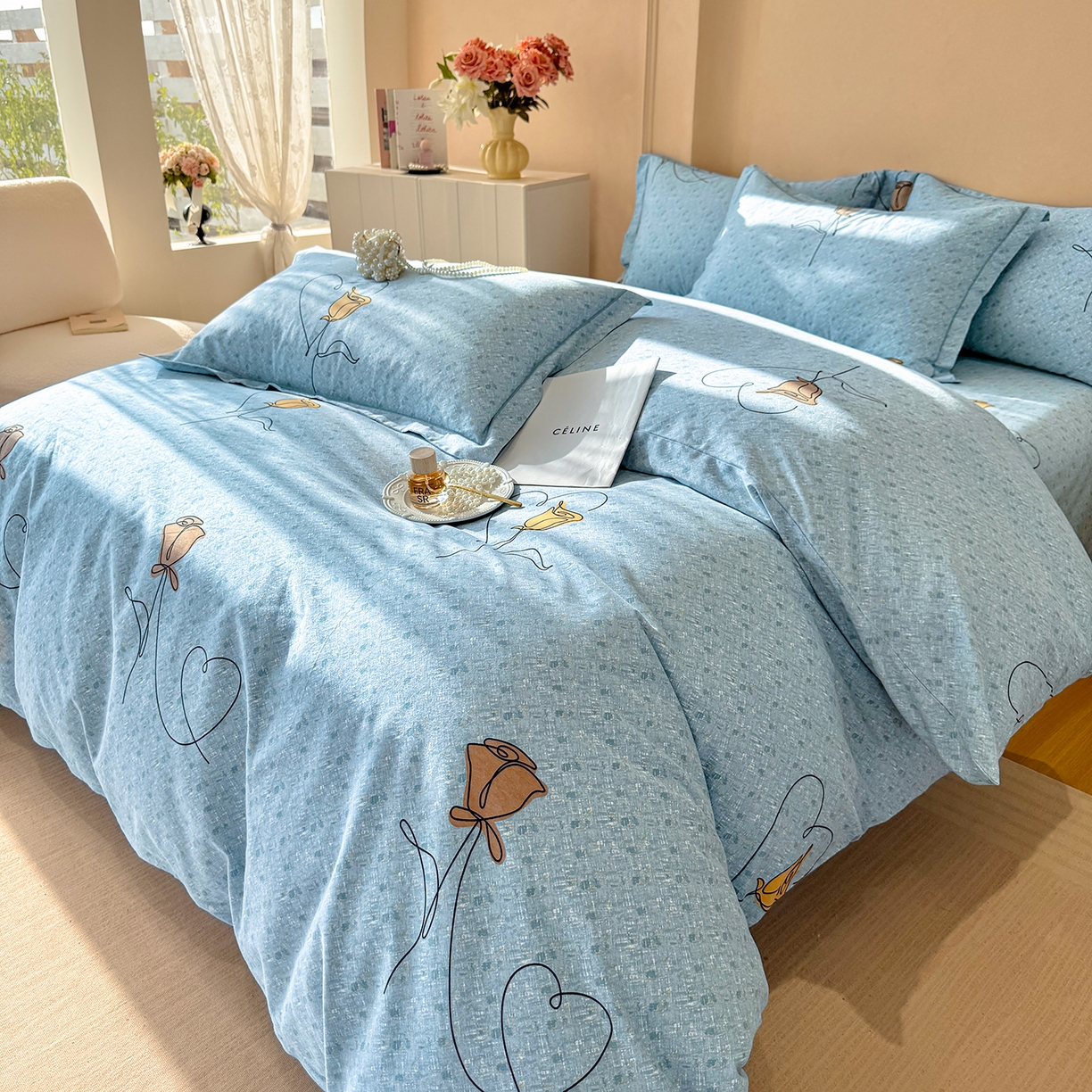 91家纺网 家纺一手货源 找家纺 壹贝家纺 2025新款A类100%全棉加厚磨毛四件套系列 小香玉-蓝