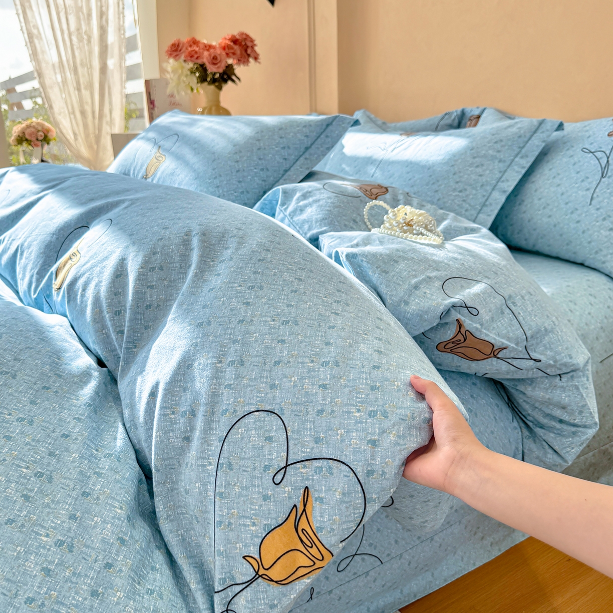 91家纺网 家纺一手货源 找家纺 壹贝家纺 2025新款A类100%全棉加厚磨毛四件套系列 小香玉-蓝