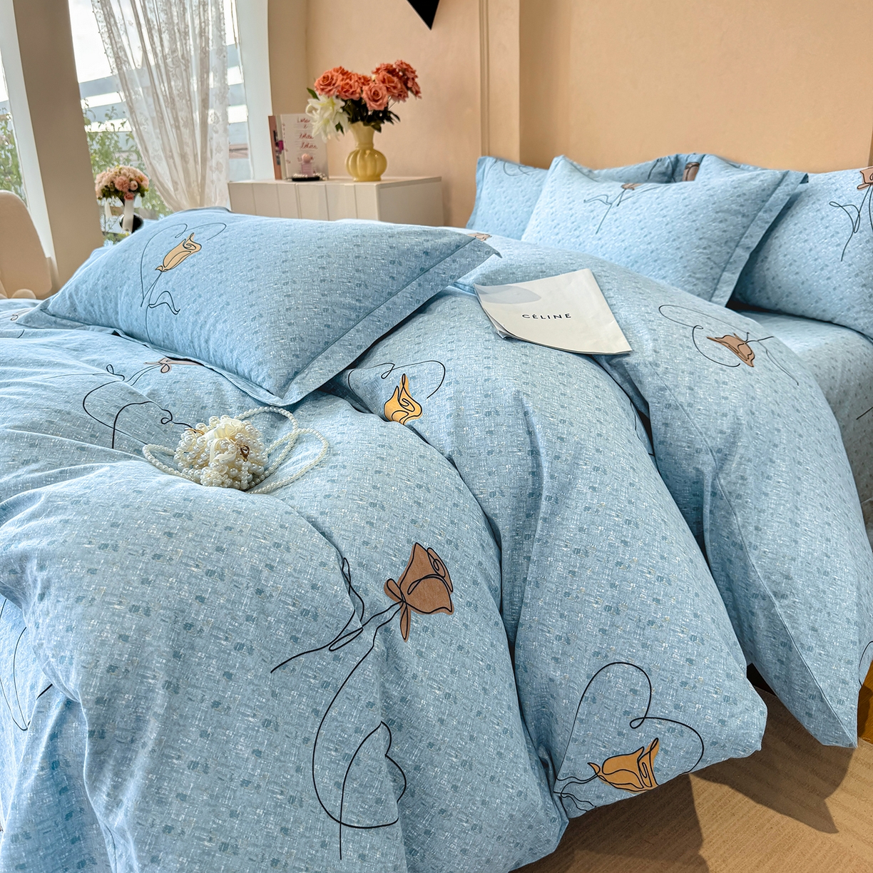 91家纺网 家纺一手货源 找家纺 壹贝家纺 2025新款A类100%全棉加厚磨毛四件套系列 小香玉-蓝