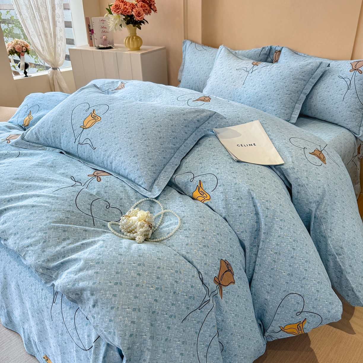 91家纺网 家纺一手货源 找家纺 壹贝家纺 2025新款A类100%全棉加厚磨毛四件套系列 小香玉-蓝