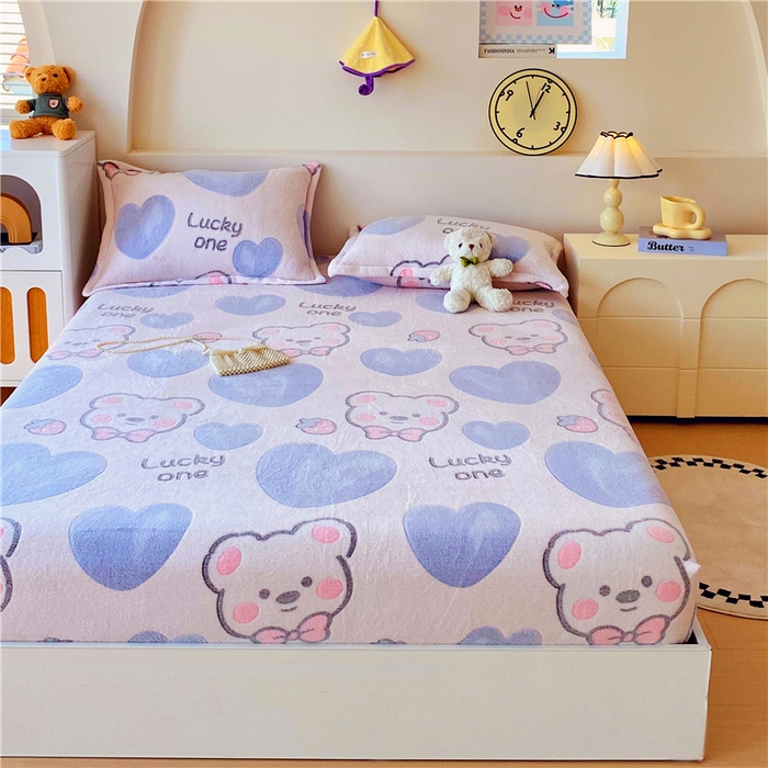 91家纺网 家纺一手货源 找家纺 梦尚舒 2025新款180克雪花绒床笠单品床笠床笠单件 蓝色小熊