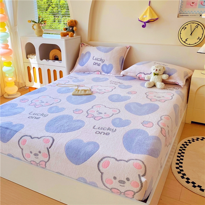 91家纺网 家纺一手货源 找家纺 梦尚舒 2025新款180克雪花绒床笠单品床笠床笠单件 蓝色小熊