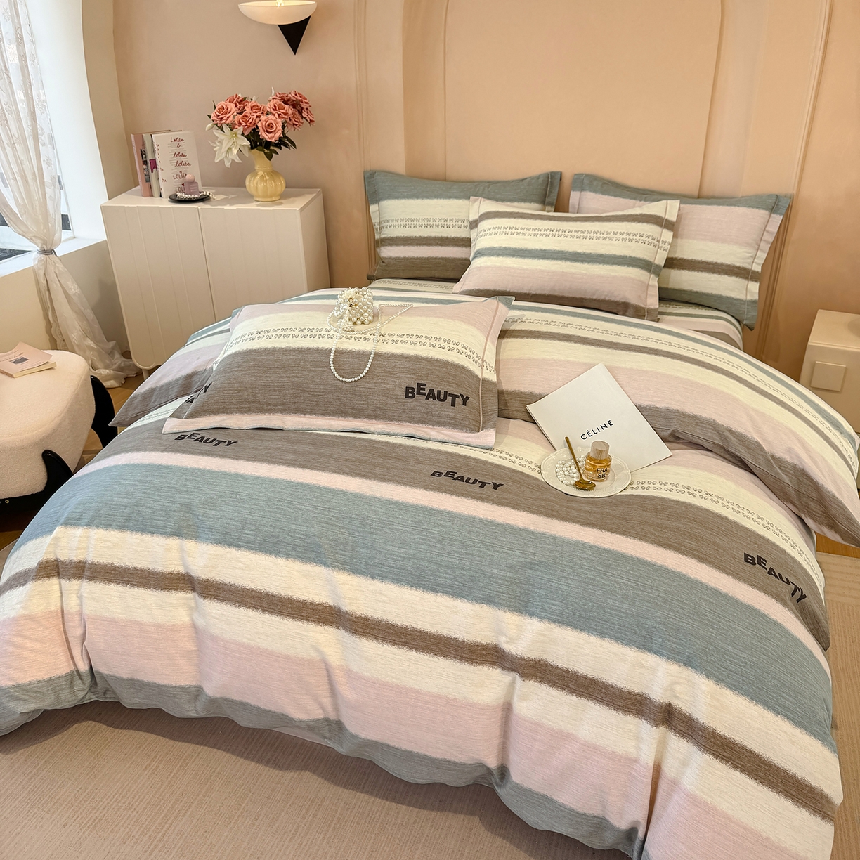 91家纺网 家纺一手货源 找家纺 壹贝家纺 2025新款A类100%全棉加厚磨毛四件套系列 信条主义-咖